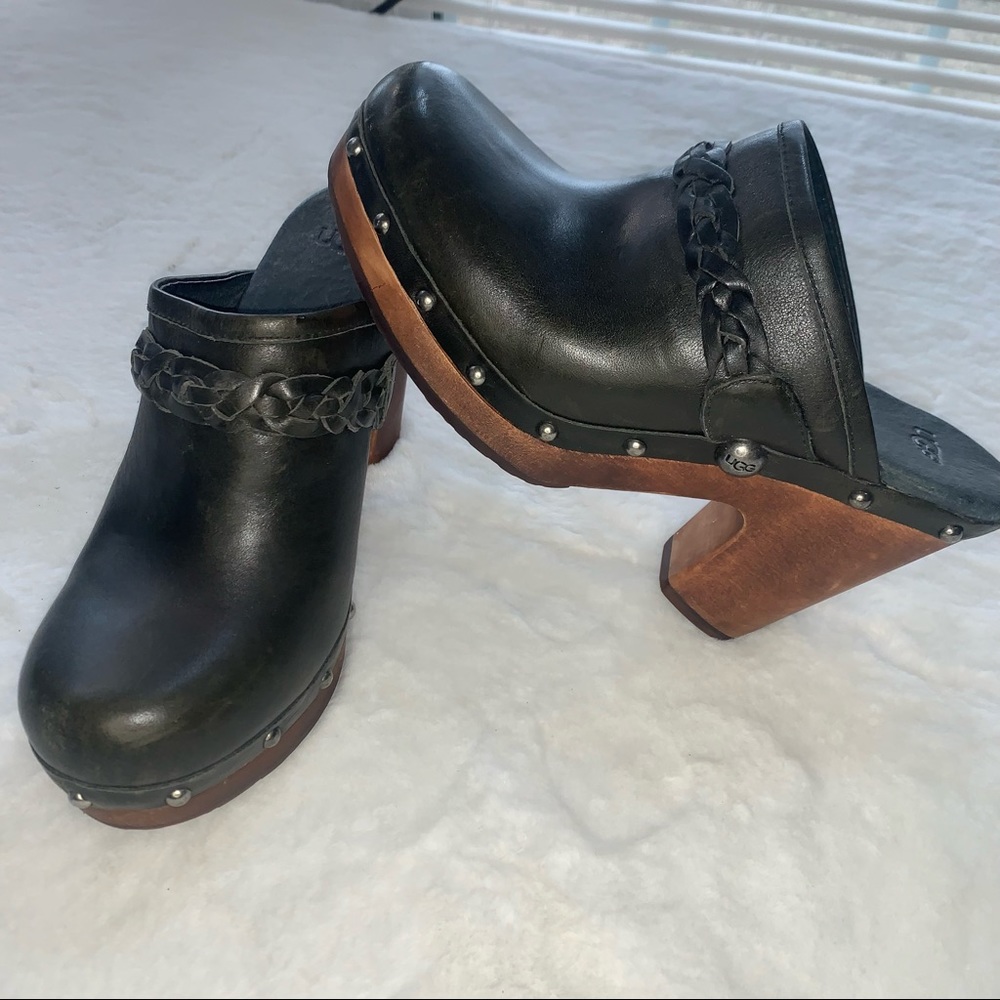 UGG Black Leather Mules with Brown Wooden Heel